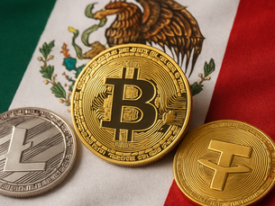 Monedas de Bitcoin, Litecoin y Tether sobre una bandera de México, con colores verde, blanco y rojo, y el escudo nacional visible.