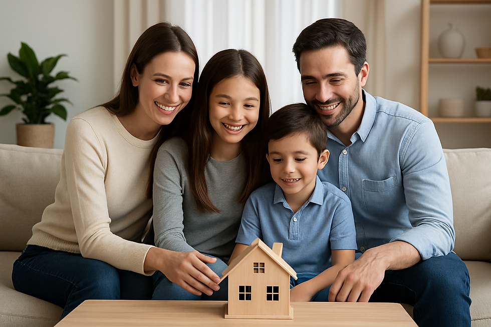 Familia sonriente en sala, alrededor de una maqueta de casa de madera sobre la mesa. Fondo con plantas y estantes. Ambiente cálido y acogedor.