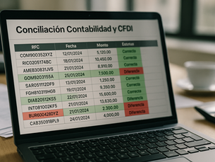Laptop con tabla de conciliación contable y CFDI. Celdas verdes indican "Correcta", y rojas "Diferencia". Fondo con ventana y taza.
