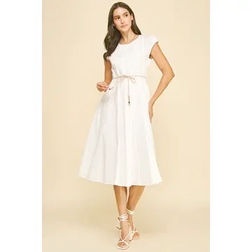 White Dress with rope belt by Pinch.  Styled on a model with a yellow background.