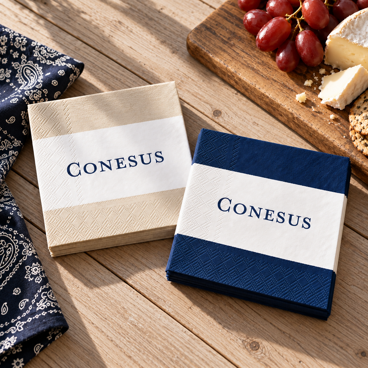 onesus Lake cocktail napkins in navy and natural stripes styled with cheese and grapes on a light wood table