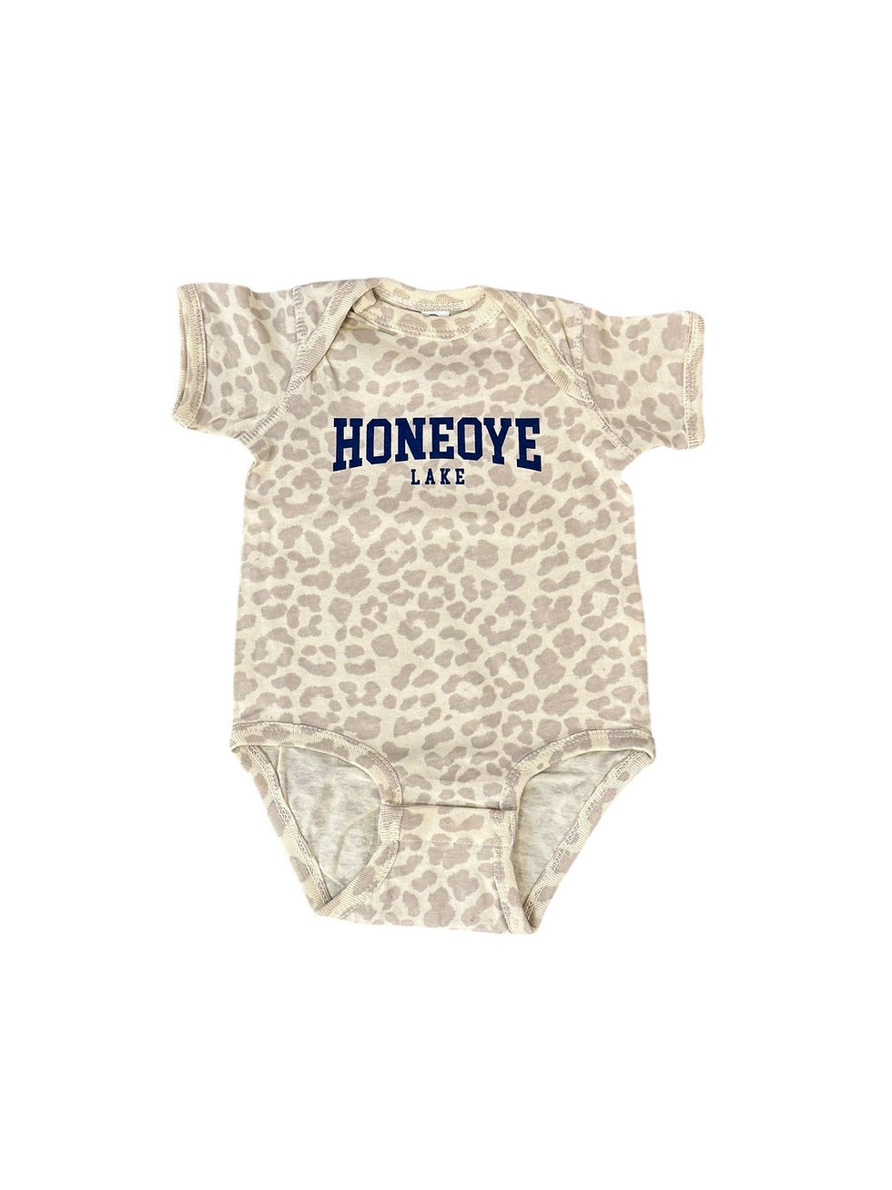 leopard print onsie with Honeoye print on chest
