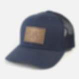 Finger Lakes Baseball Cap with brown leather patch and FLX letters, shown in navy blue color
