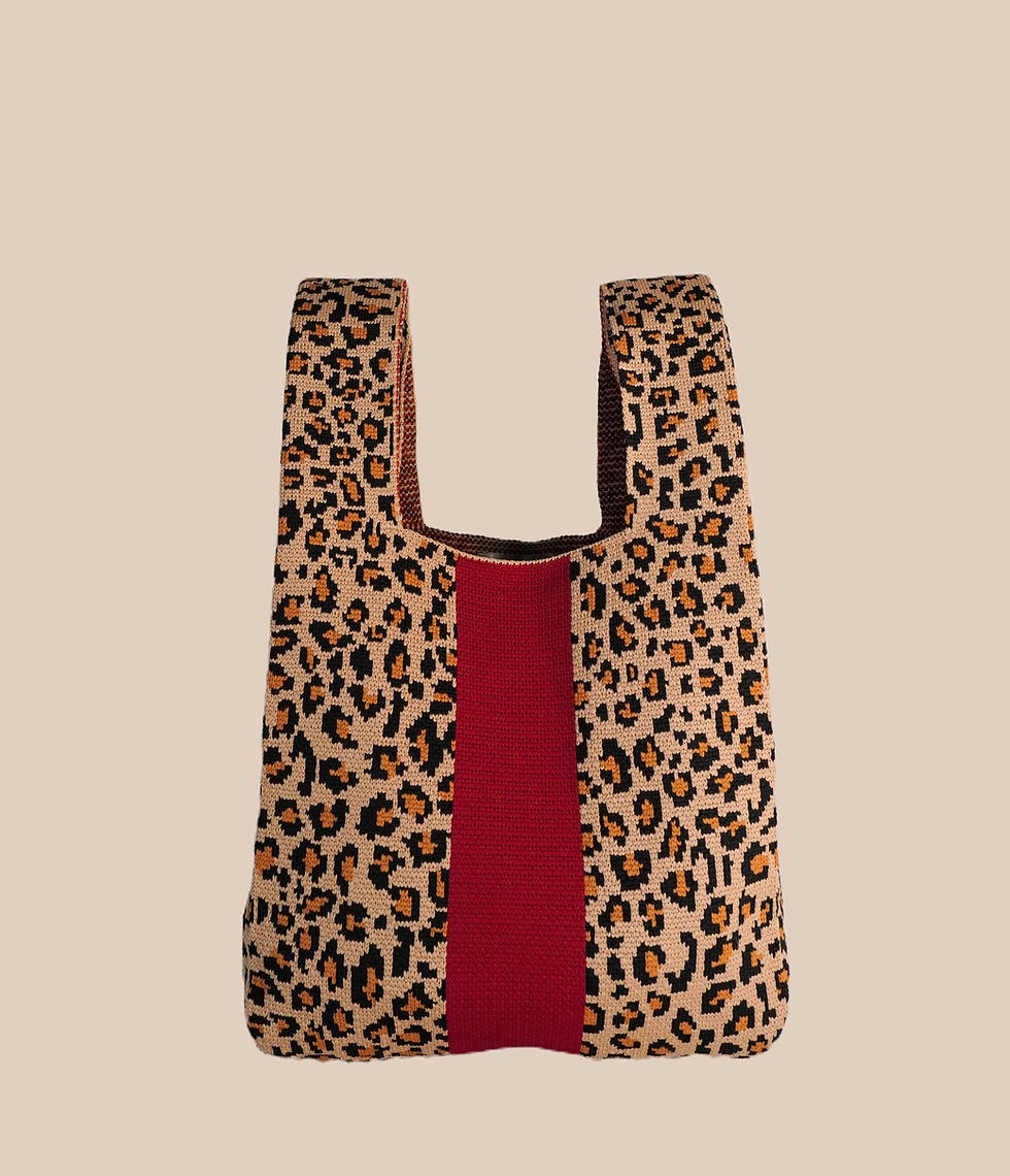 leopard print handbag with red stripe with cream background