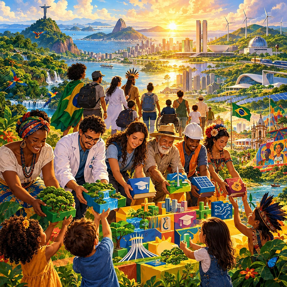 "Construindo um futuro sustentável e inclusivo: a geração atual entrega legados de educação, cultura e inovação às crianças, sob um horizonte de progresso e esperança no Brasil."