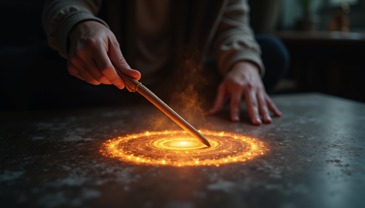 Eye-level view of a wooden wand tracing a glowing circle on a dark surface