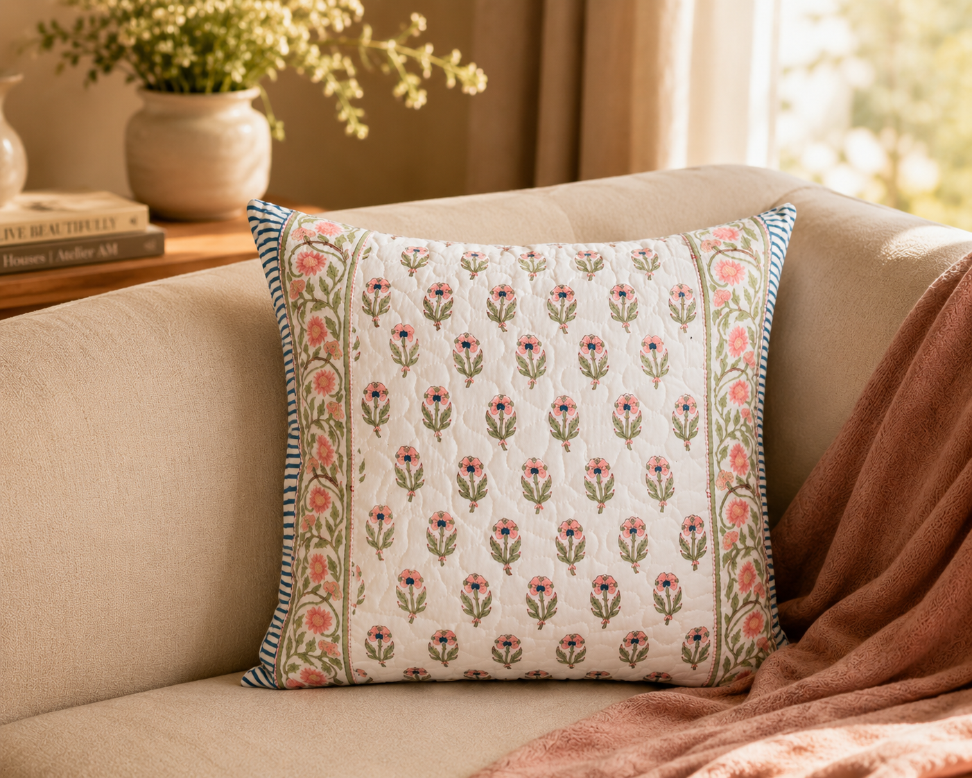Block Printed Quilted Cushion Covers