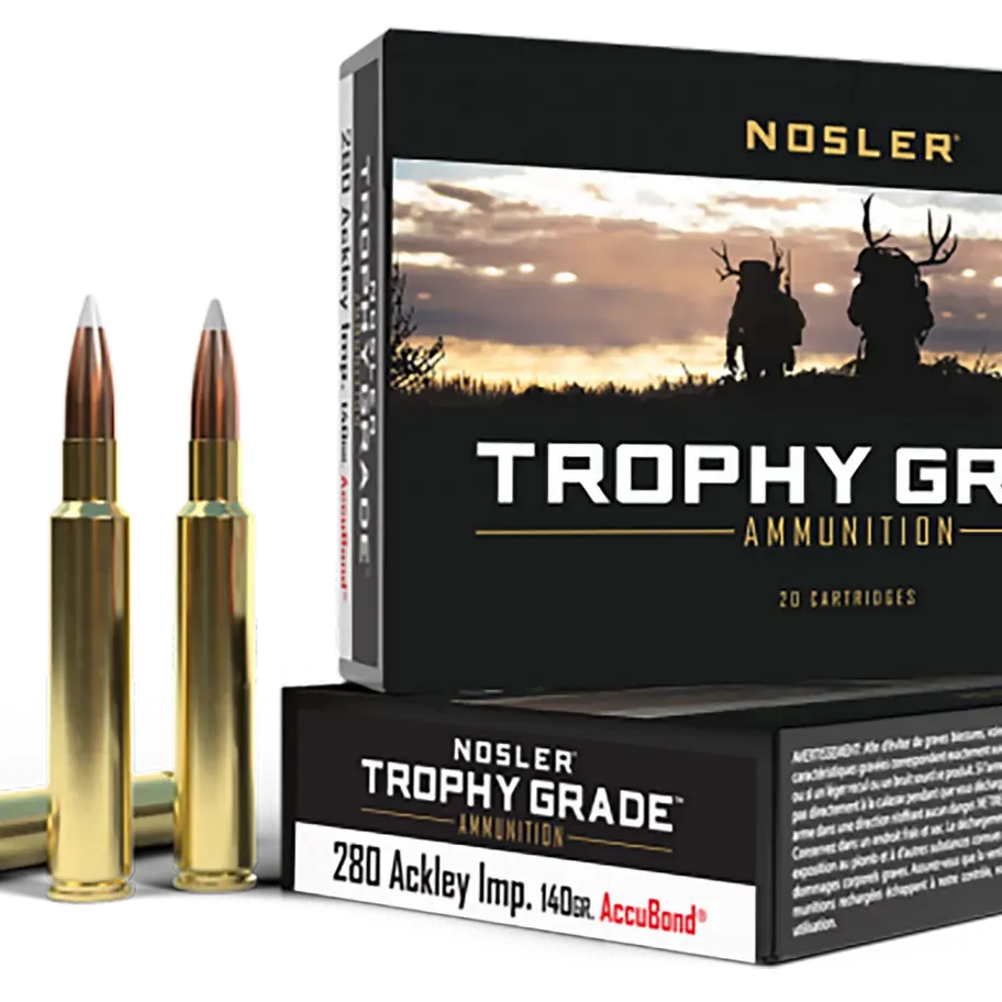 Nosler Trophy Grade 280 Ackley Imp ammunition box with bullets