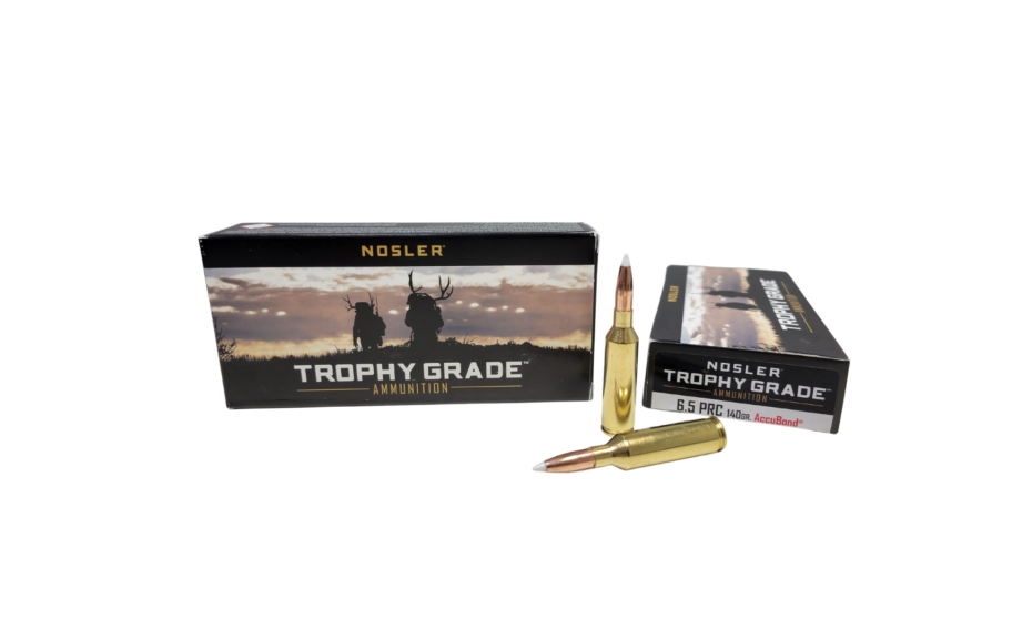 Nosler Trophy Grade ammunition boxes and bullets