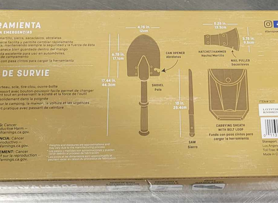 Product box for a multi-tool with shovel, axe, and pouch