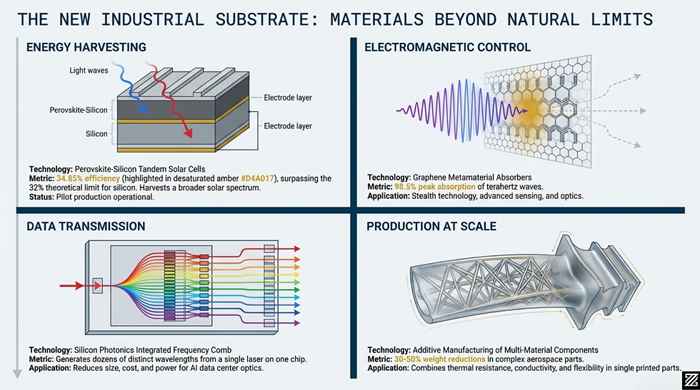 Infographic on advanced materials. Sections: Energy Harvesting, Electromagnetic Control, Data Transmission, Production at Scale. Text details tech and metrics.