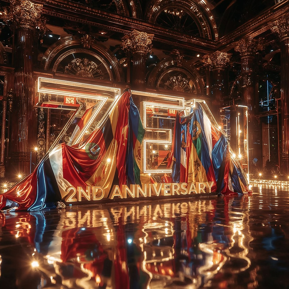 Illuminated "7EN" with colorful flags in ornate hall, celebrates 2nd anniversary. Reflective floor, festive mood, elegant decor.
