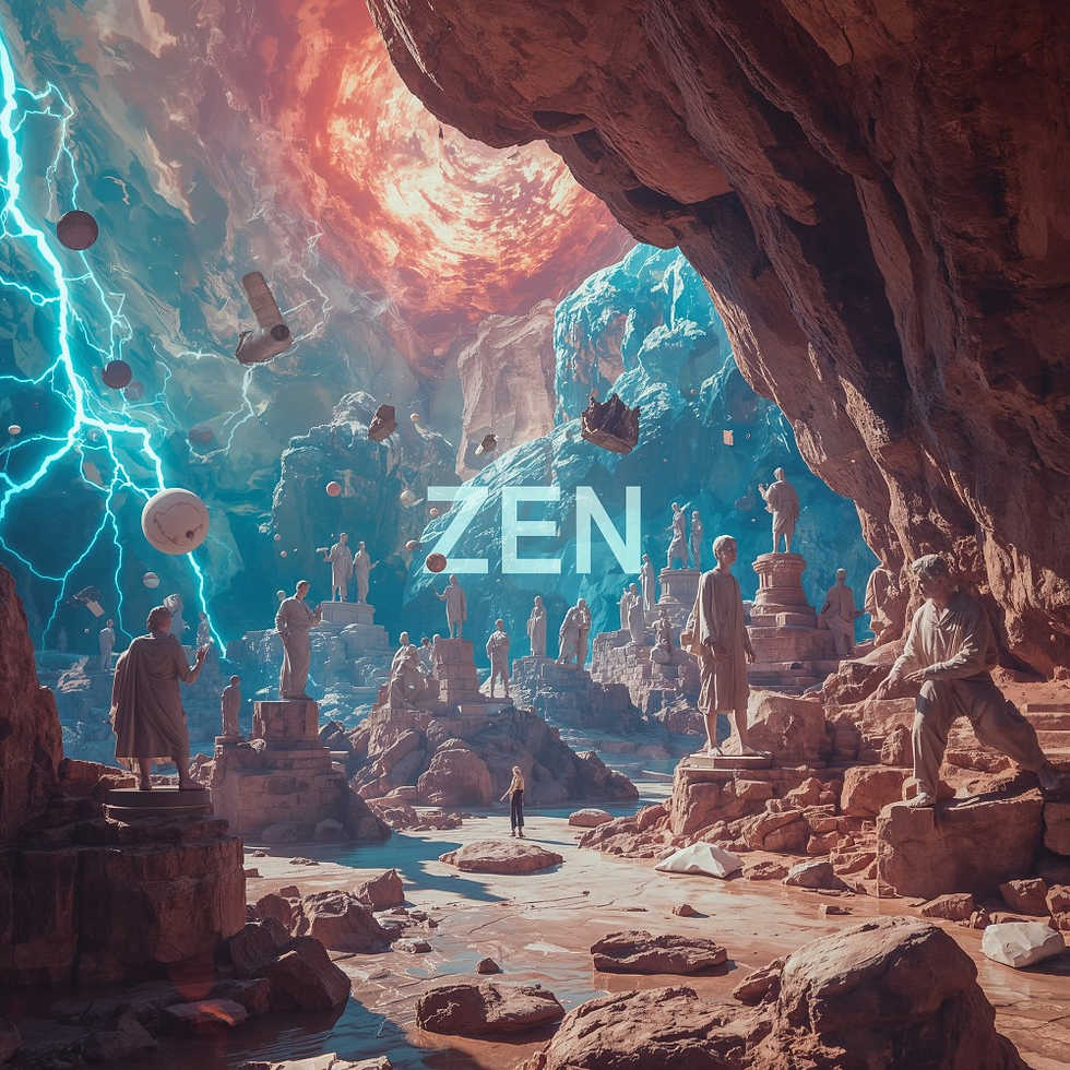 Figures in robes amidst rocky terrain, lightning in the sky. The word "ZEN" stands out. A surreal, mystical atmosphere pervades.
