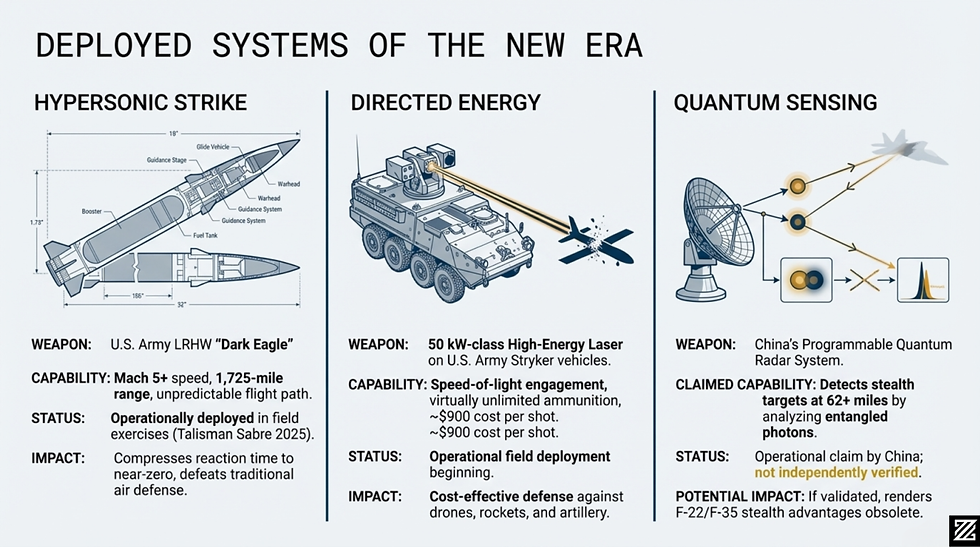 Infographic of military systems: hypersonic missile, high-energy laser, quantum radar. Highlights capabilities, deployment, and impacts.