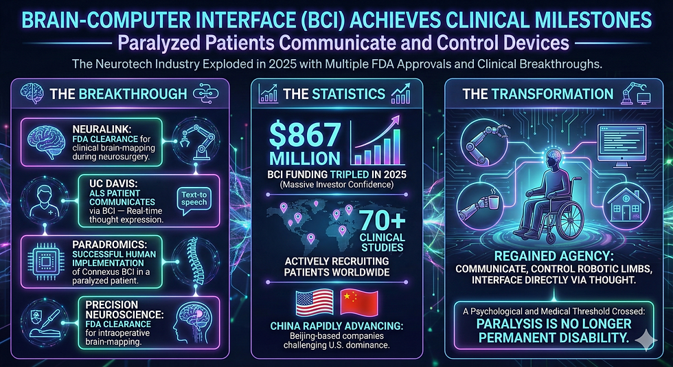 Infographic on Brain-Computer Interface (BCI) advancements: FDA approvals, $867M funding, clinical trials, tech for paralyzed patients.