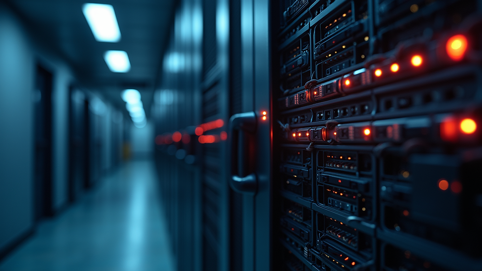 Close-up view of a secure server room with blinking lights and cables
