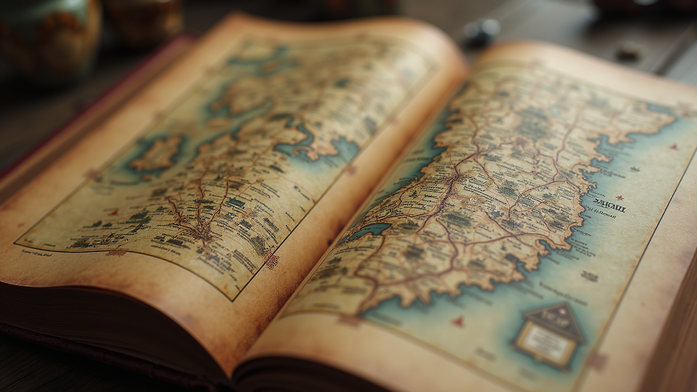 Close-up view of a fantasy novel with a detailed map of a fictional world
