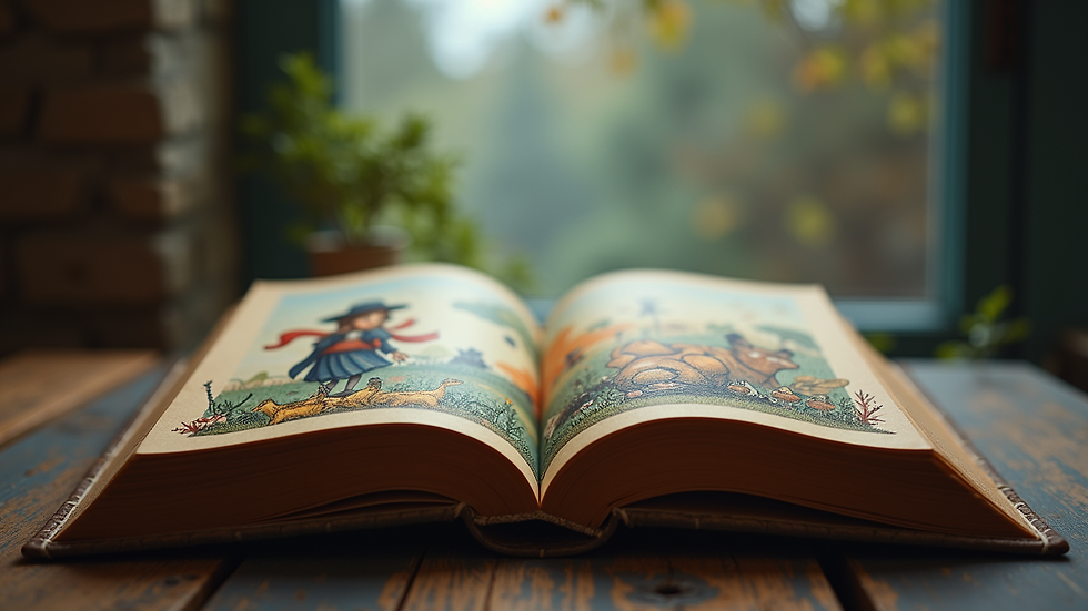 Eye-level view of an open fantasy book with magical illustrations