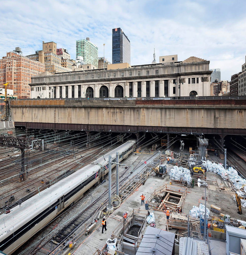 The Manhattan West Platform project features an award-winning design spanning 16 rail lines into Penn Station, using innovative post-tensioned, precast segmented concrete technology.