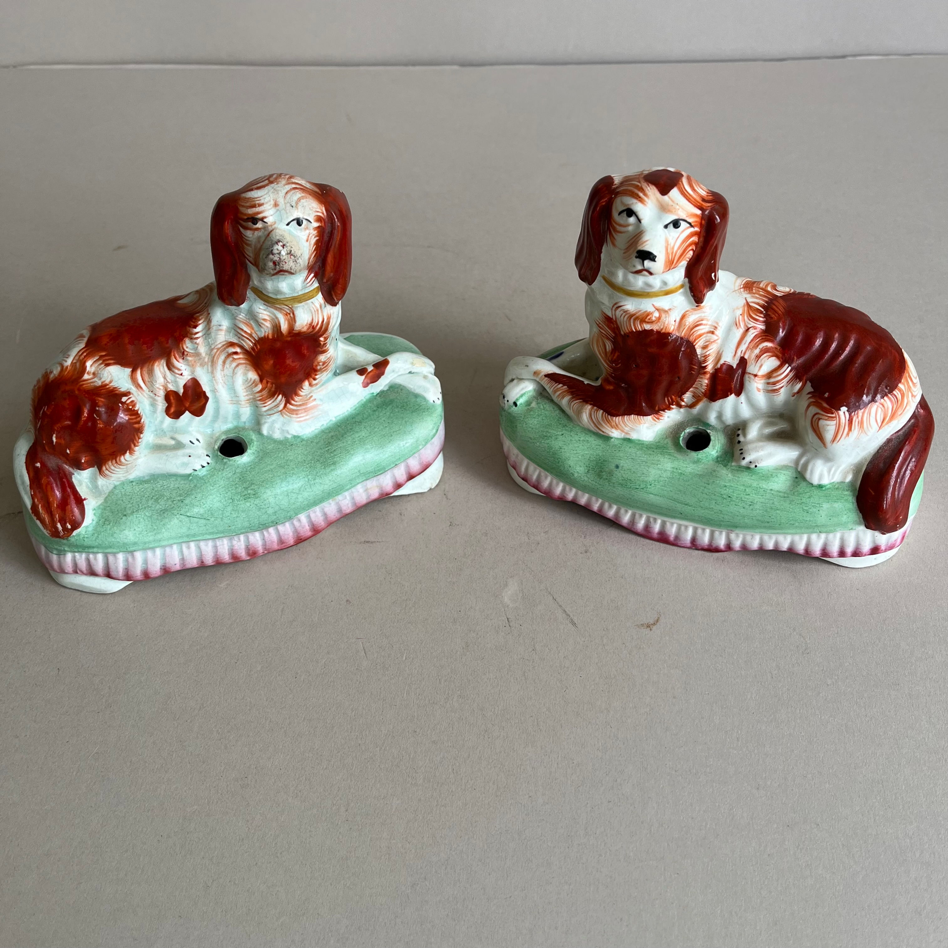 Rare pair 19thc. Staffordshire Quill Holders of Spaniels Ref # 5009