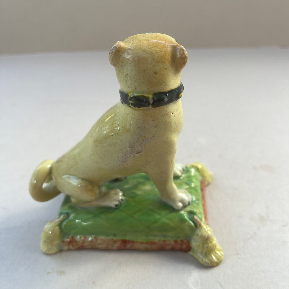 Thumbnail: 19thc. STAFFORDSHIRE PUG GROUP ON GREEN CUSHION BASE rEF # 5047