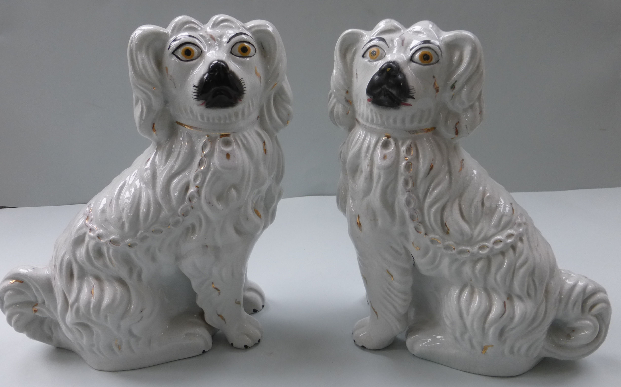 pair 19thc. STAFFORDSHIRE WHITE MANTLE DOGS WITH SEPARATE LEGS C.1860