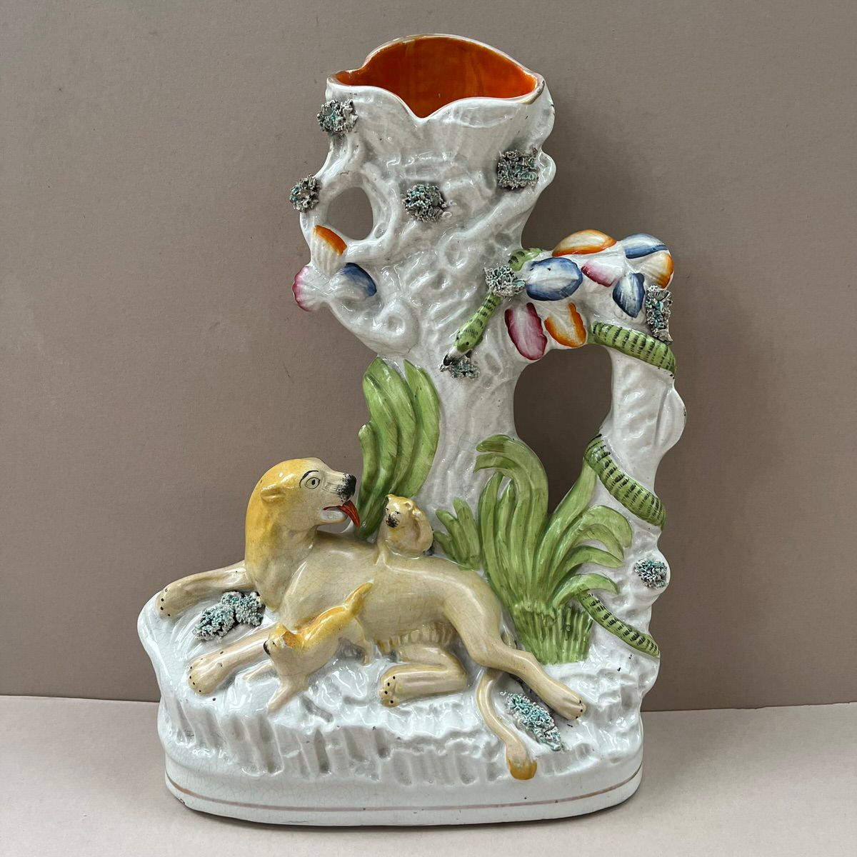 19thc. STAFFORDSHIRE LIONESS & CUB SPILL VASE  Ref # 5049