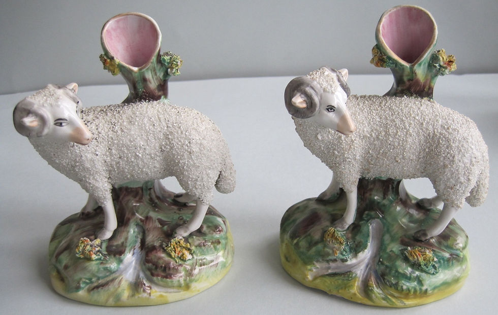 19THC. STAFFORDSHIRE SHEEP SPILL VASE