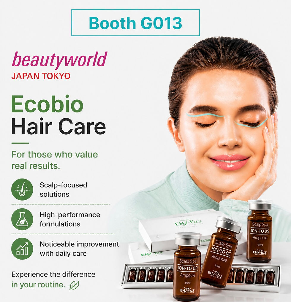 Woman with smooth skin smiles, eyes closed, beside Ecobio Hair Care products. Text highlights booth G013 and product benefits.