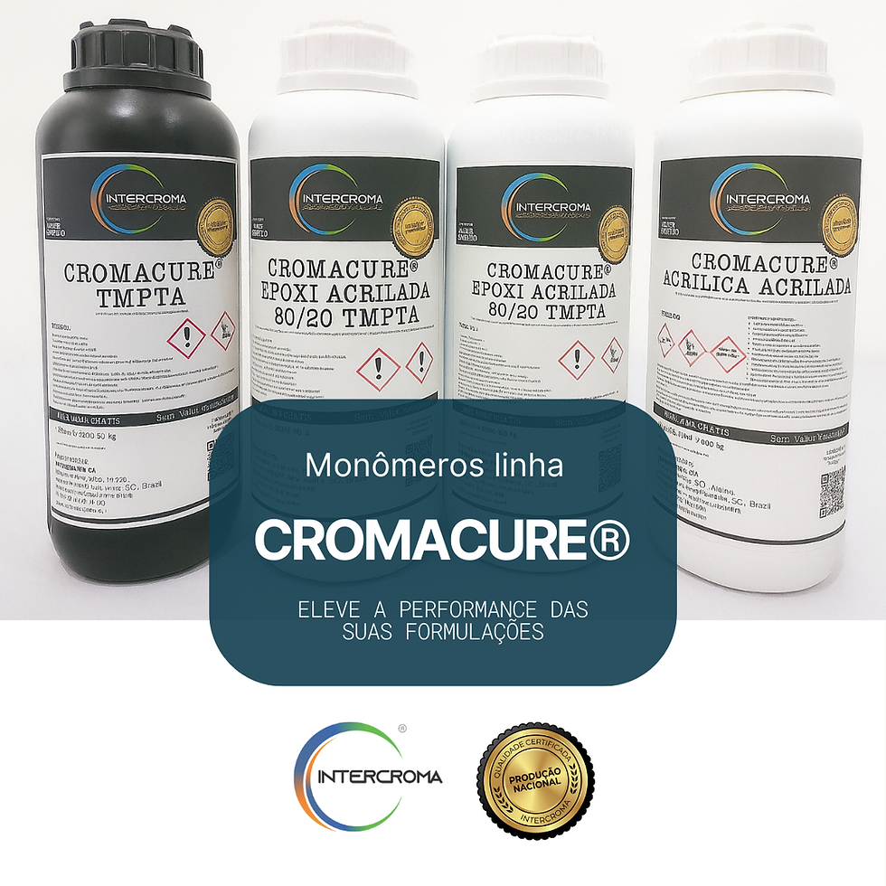 Imagem dos frascos de amostras dos monômeros CROMACURE® da Intercroma, desenvolvidos para formulações de cura UV/LED/EB com baixa emissão de VOC e alta performance.