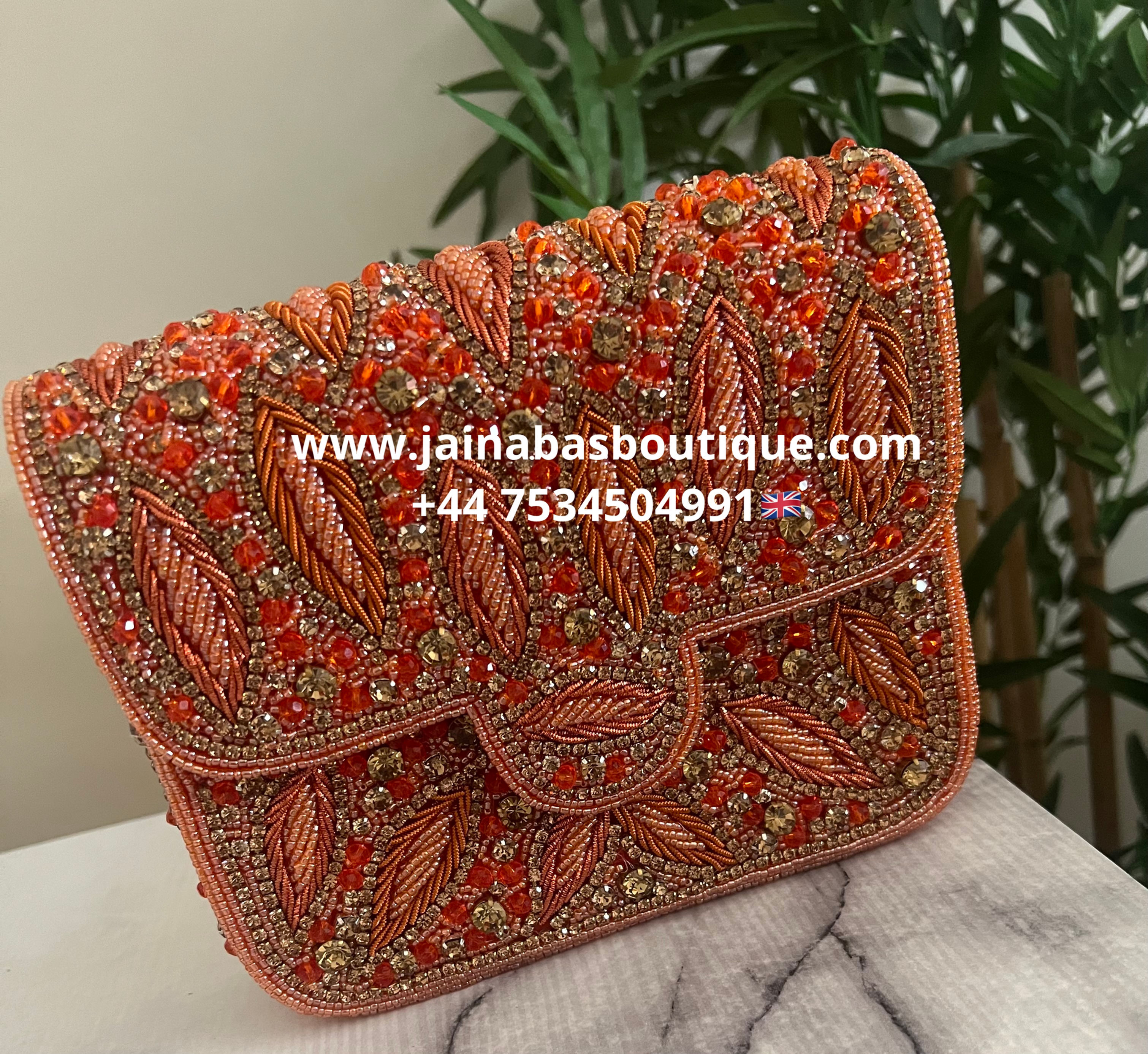 Orange Rhinestone Beaded Leaf Clutch