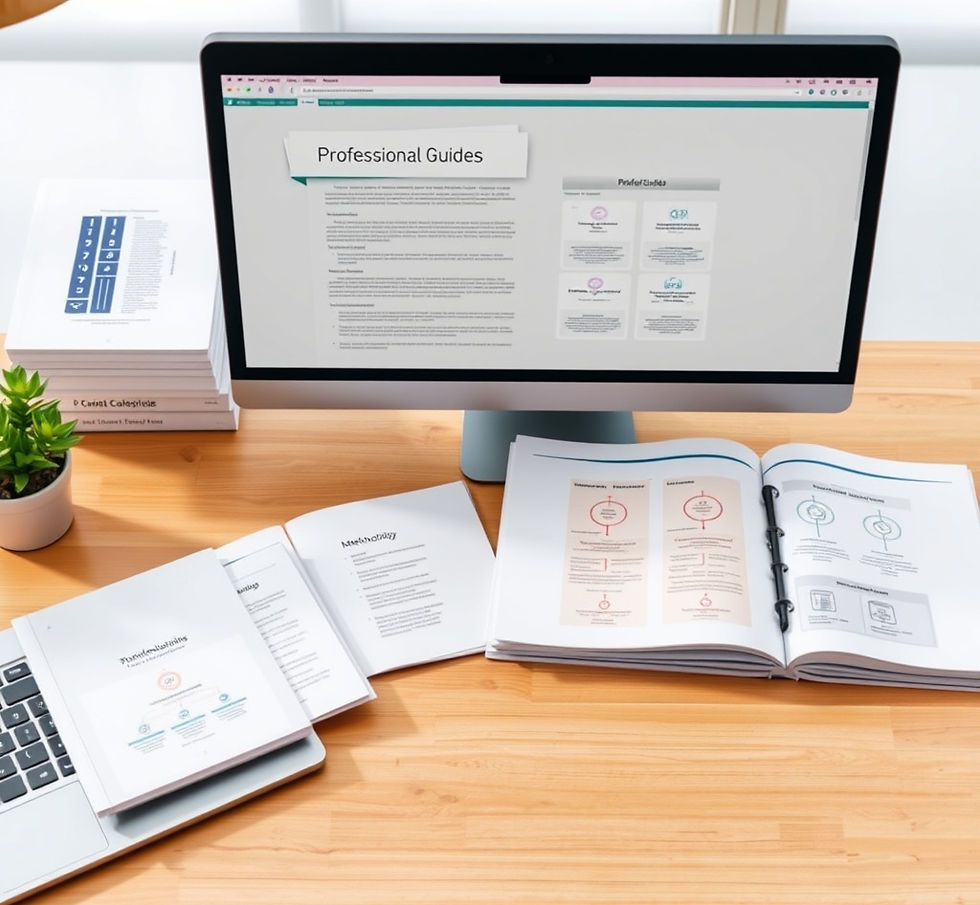Realistic modern desk with neatly arranged professional guides, printed document