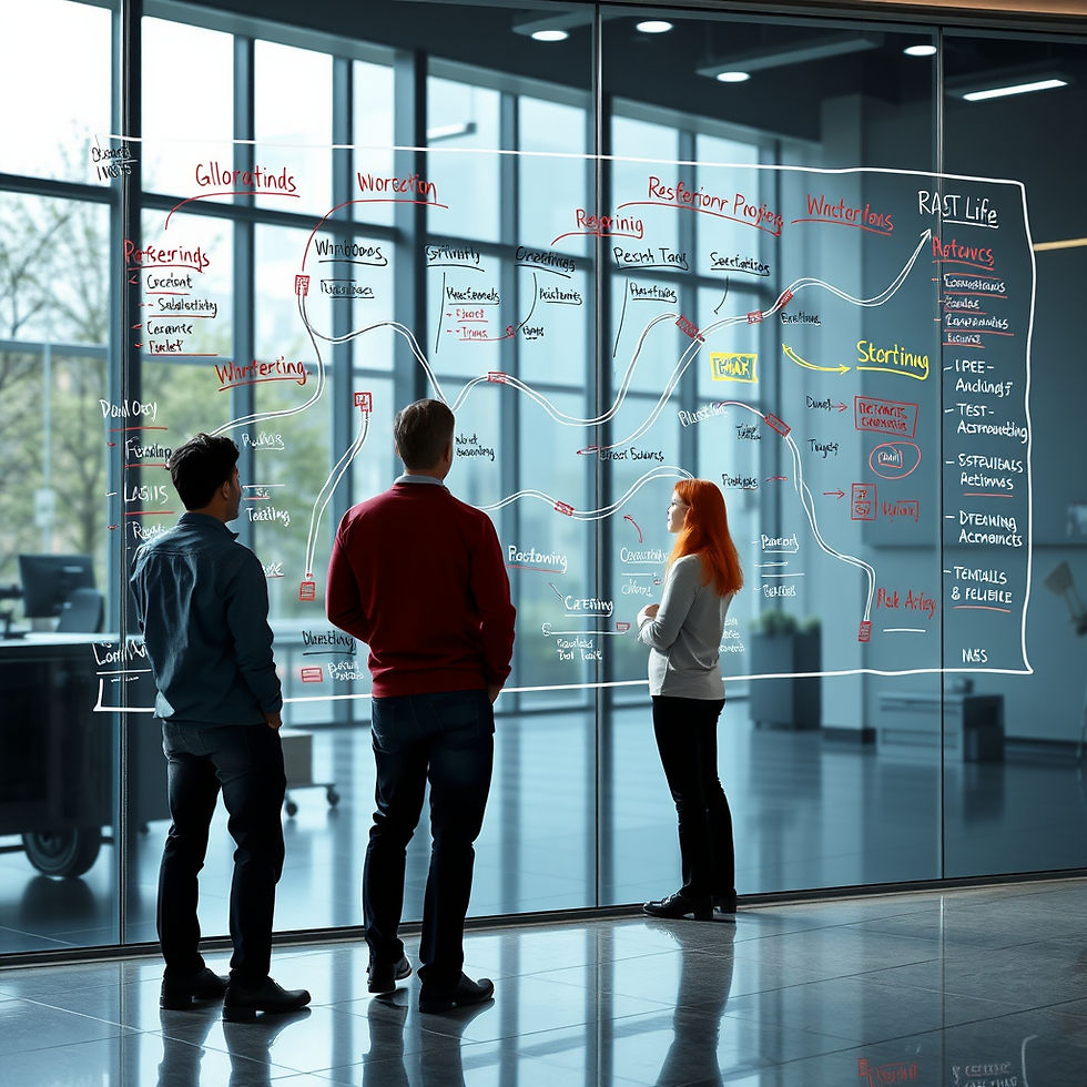 A realistic photo of a giant roadmap sketched with markers on a glass wall, viewed from be