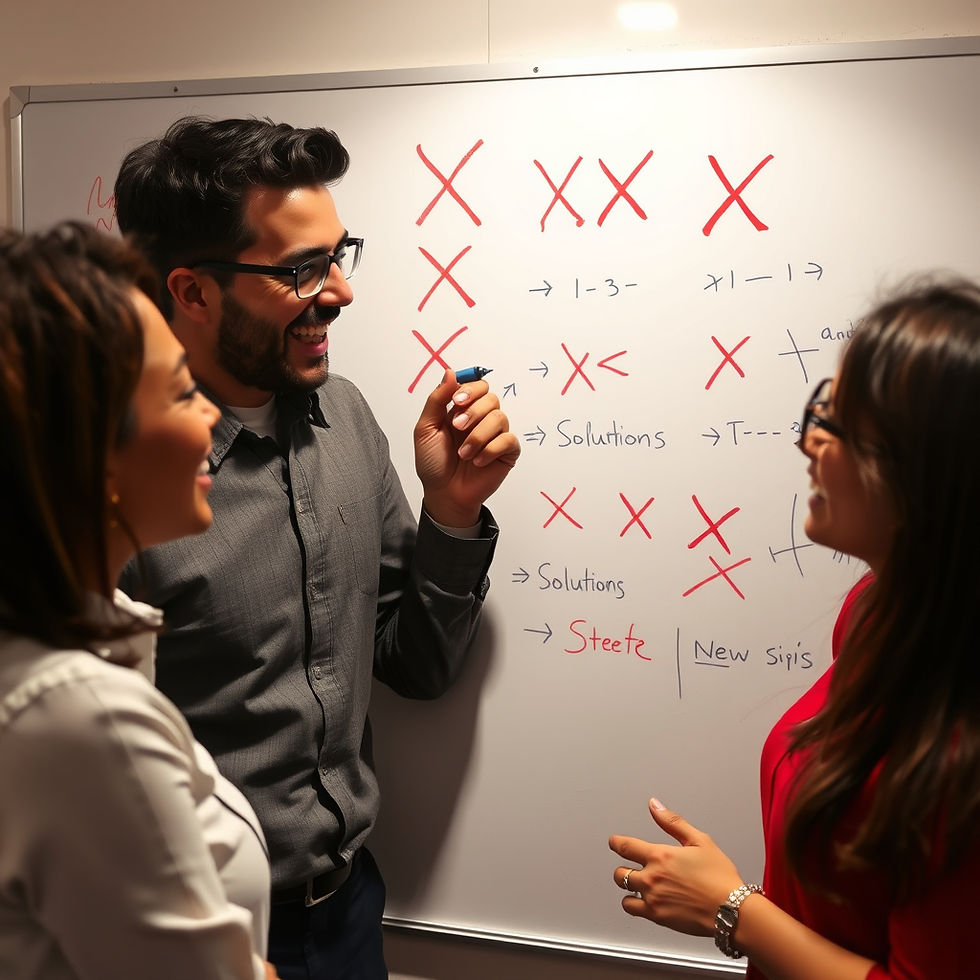 A realistic photo of employees laughing together while erasing mistakes from a whiteboard