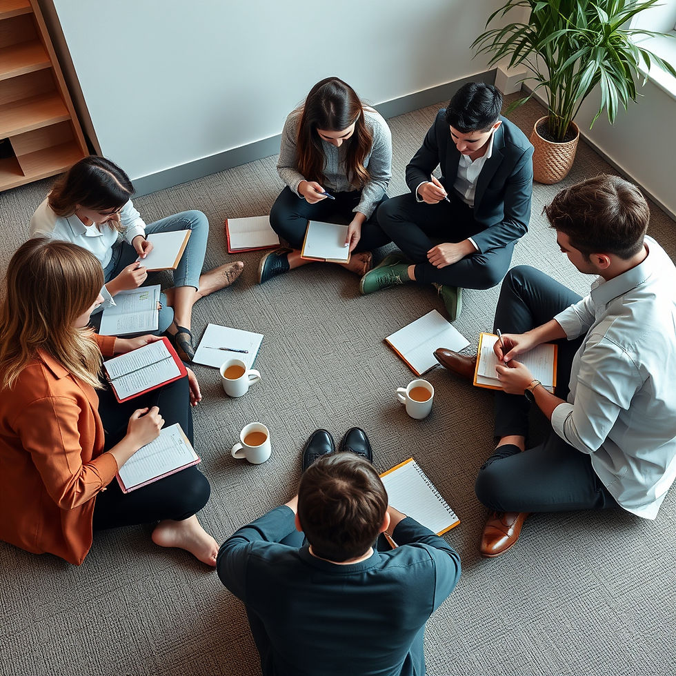 A realistic photo of employees sitting on the floor in a circle, shoes off, surrounded by