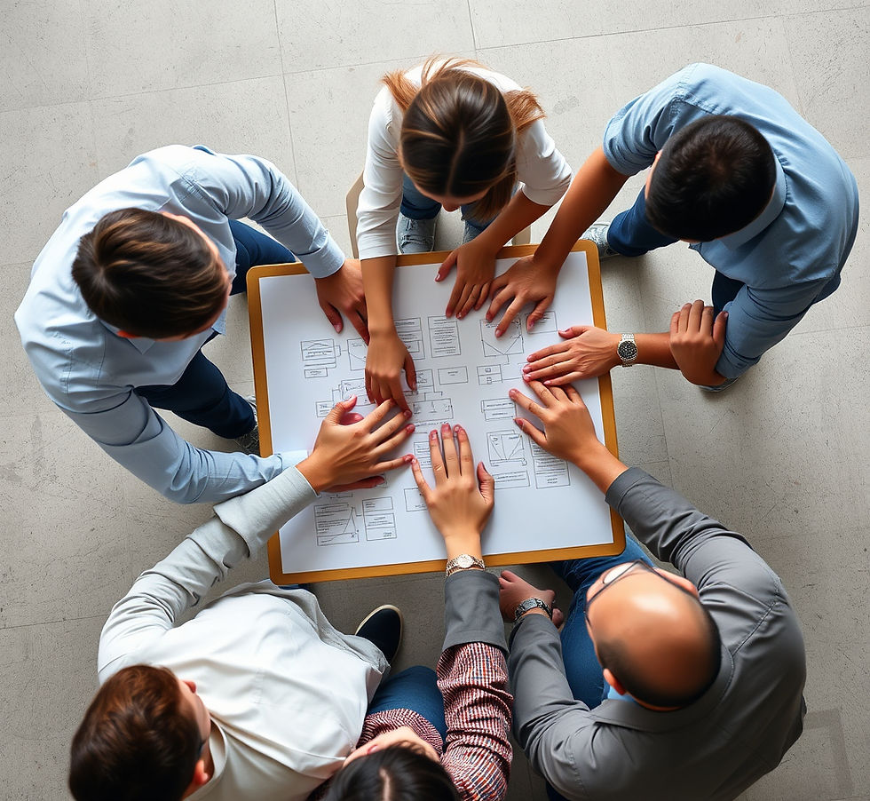 A realistic top-down shot of teams leaning over the same large plan, hands plan together.