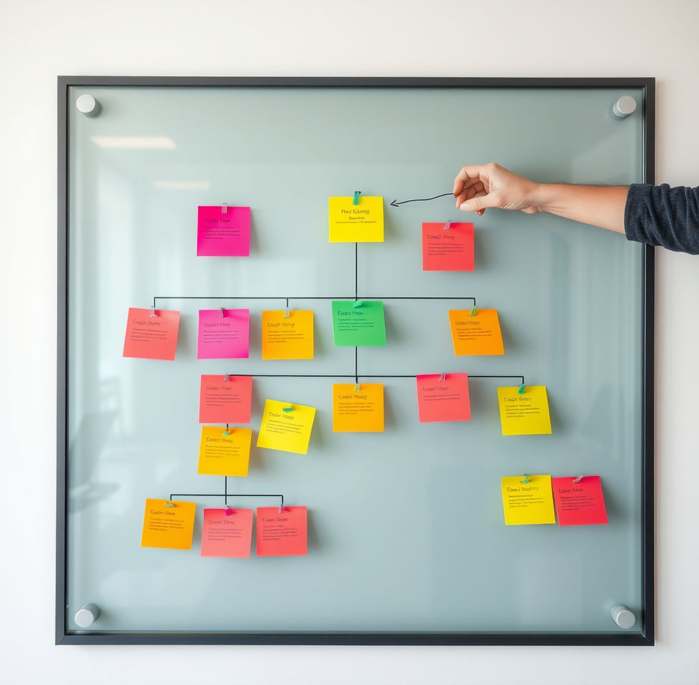 A realistic photo of a modern office wall covered with a large transparent glass board. On