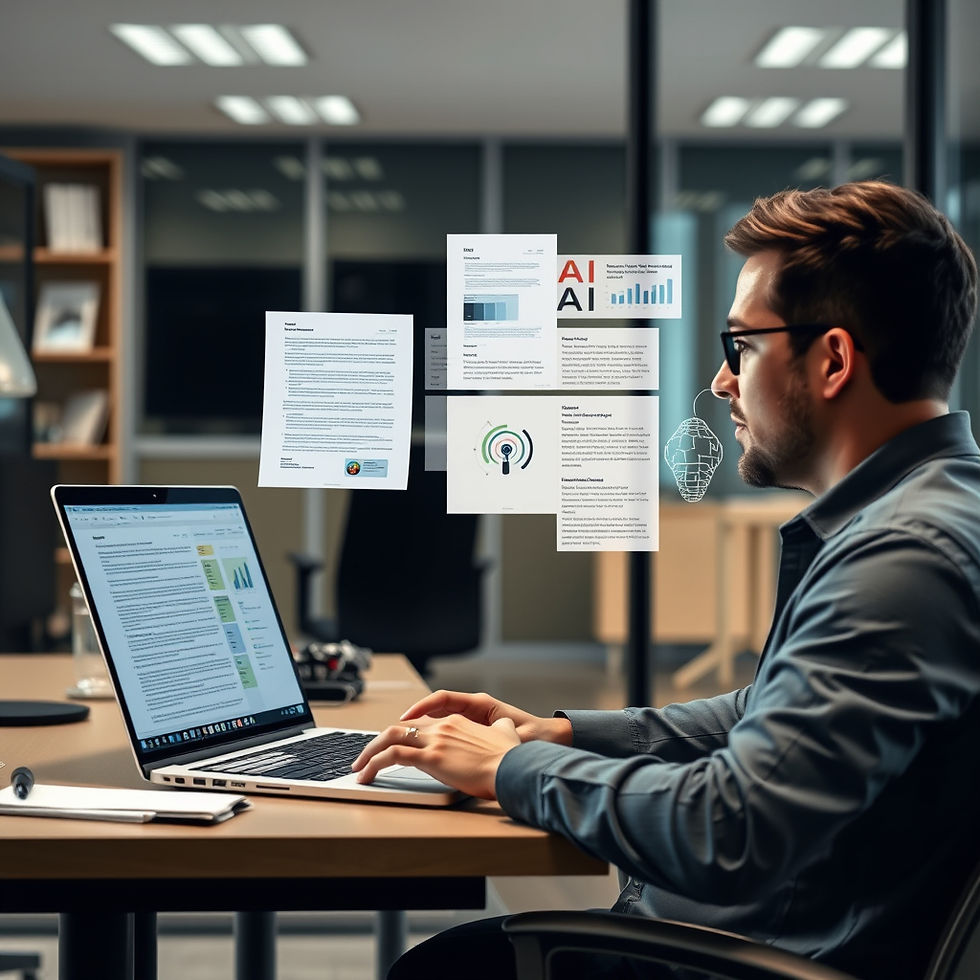 A realistic office photo showing a professional working on a laptop, where half the screen