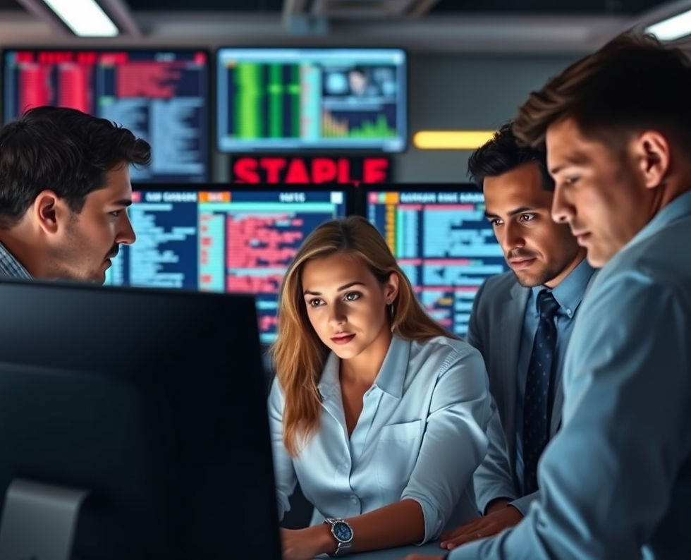 rompt_ A realistic photo of an office team gathered around screens emergency situation, s