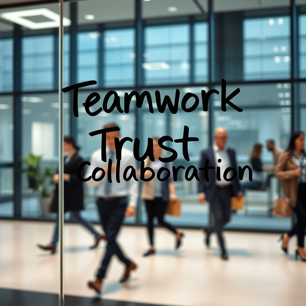 A realistic photo of a modern office lobby with large glass walls. On the glass, the words