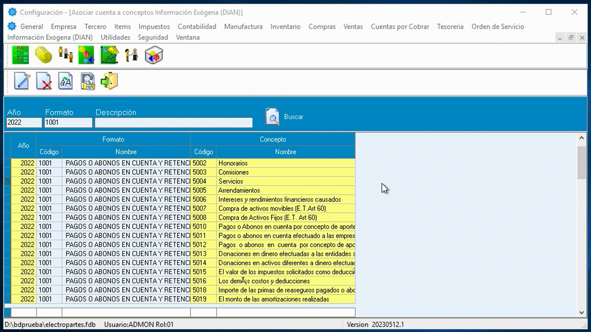 Configuración de conceptos en información exógena