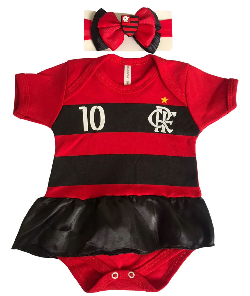 Body + Laço Flamengo bebê menina personagem time festa futebol.