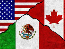 Torn flags of the USA, Mexico, and Canada with textured surfaces. Bold colors: red, white, blue, green. Symbolic of division or conflict.
