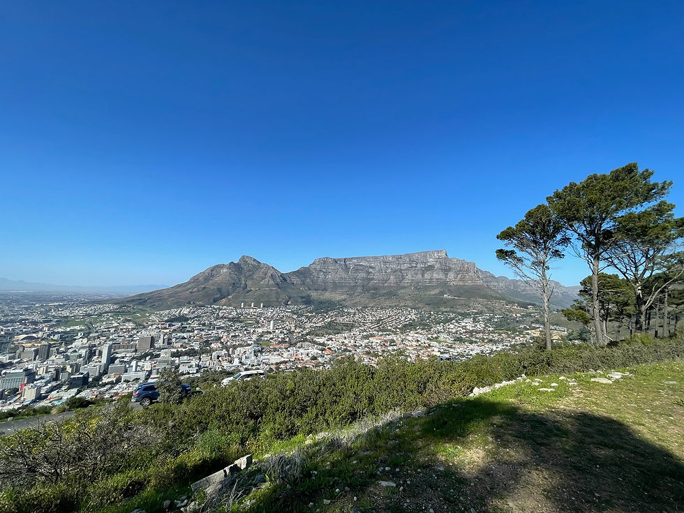 Cityscape view with cars and trees in the foreground, Table Mountain in the background, under a clear blue sky.