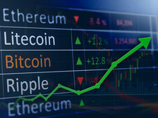 Cryptocurrency prices for Ethereum, Litecoin, Bitcoin, and Ripple are shown. Green arrow indicates rising trend. Background has charts.