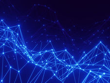 Glowing blue network of connected nodes and lines on a dark background, creating an abstract, futuristic digital landscape.