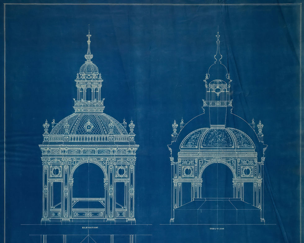 Blue architectural blueprint showing ornate domed tower elevation and section, with labels ELEVATION and SECTION on a dark background.