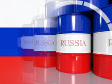 Barrels in Russian flag colors stacked, labeled "Russia" in red. Overlaid translucent flag pattern, reflective surface.