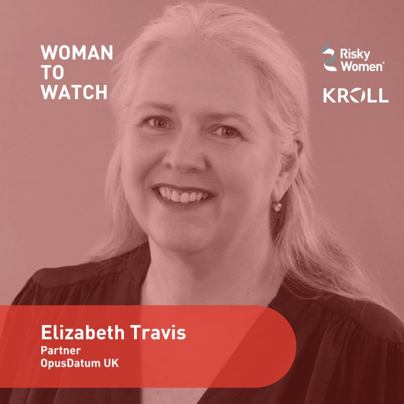 Smiling woman with long hair on a red-tinted background. Text reads: "Woman to Watch," "Elizabeth Travis, Partner, OpusDatum UK." Logos: Risky Women, Kroll.