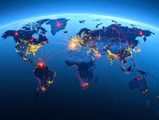 A nighttime map of Earth shows glowing city lights with red lines connecting major cities, indicating global connections and a digital network theme.